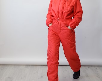 Traje de esquí vintage VdeV de los años 80, color rojo tomate, fabricado en París, Francia. Mono de nieve de una pieza, talla M.
