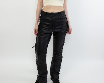 Pantalones de cuero negros vintage, cintura alta, con cordones, talla M