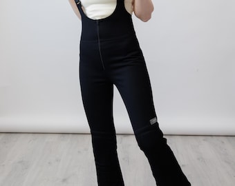 Pantalones de esquí acampanados de lana elástica negra de los años 80, con pechera de talle alto, estilo vintage, talla S.