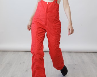 Peto de esquí vintage rojo tomate de los años 70, pantalones de nieve antigliss de cintura alta, fabricados en Alemania, talla M.