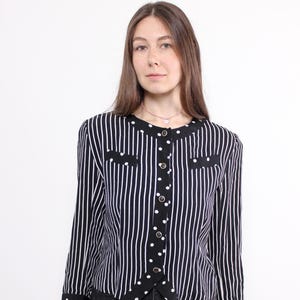 90s Black Striped Polka Dot Blouse: Retro Office Top, Size M