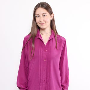 90s pink blouse long sleeve, vintage polyester shirt with pleated detail, Size L