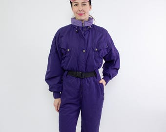 Traje de esquí morado vintage de los 90, mono de nieve retro de una pieza, mono de invierno, talla M