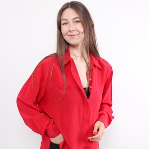 80s Red Silk Blouse: Vintage Oversized Shoulder Pad Top, Size L