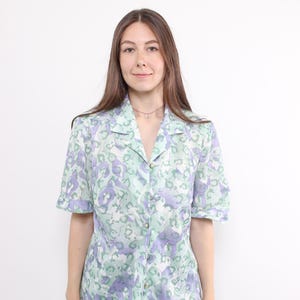 80s green abstract blouse with shoulder pads, vintage polyester button up shirt, Size L
