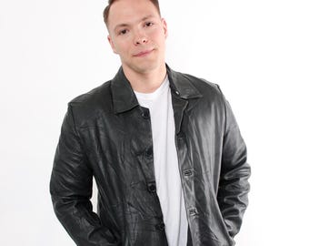 Vintage 90s Black Leather Coat: Minimalist Menswear, Size XL - Etsy