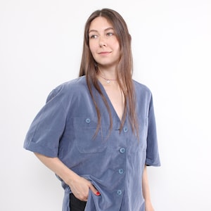 90s blue oversized blouse, vintage viscose polyester button up shirt, Size M