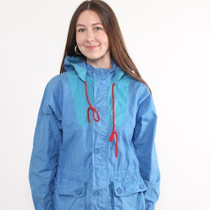 80s multicolour windbreaker, vintage blue festival sport jacket anorak hooded travel rain jacket, Size L