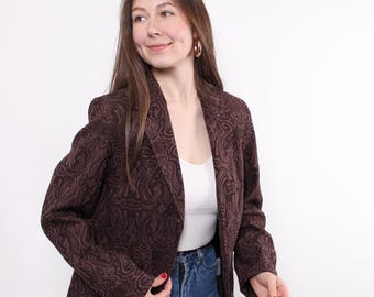Cropped blazer uit de jaren 90 met abstracte print, vintage jasje met bloemendesign in bruin, maat L
