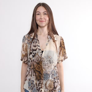 90s brown abstract print blouse, vintage sheer short sleeve button up shirt, Size M