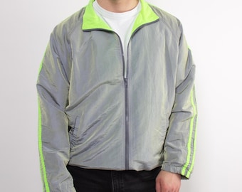 Y2K Neon Track Jacket 2000s Acid Green Festival Windbreaker Nylon Zip Up, Size M