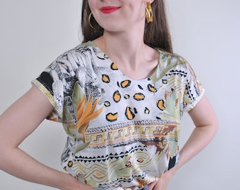 Blusa abstracta vintage 90s, blusa multicolor, blusa jersey de verano, Talla M
