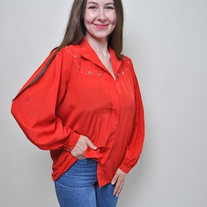 90s red evening blouse, vintage formal button up shirt 1990s fashion tie lace blouse in minimalist design for her, Size L