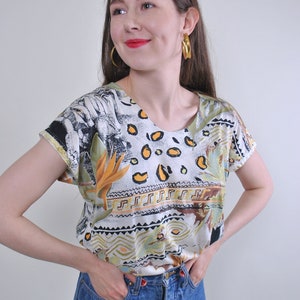 90s abstract print pullover blouse, vintage multicolor patterned blouse, Size M