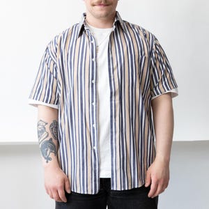 90s Awning Stripe Shirt Vintage Navy Tan Oversized Cotton Button Up Size M