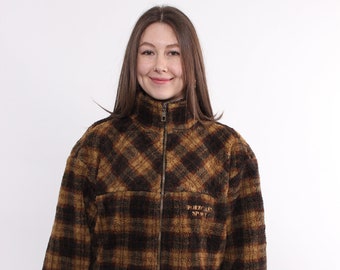 90s fleece sherpa jacket, vintage plaid print brown outdoor overshirt, Size L