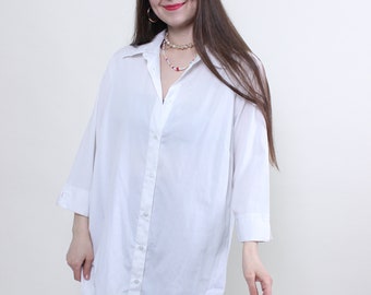 90s oversized white blouse, vintage minimalist button up relaxed wide sleeves shirt, Size XL