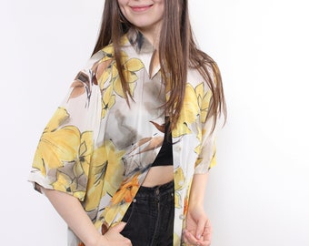 90s yellow color floral blouse, vintage summer short sleeve multicolor button up shirt, Size L