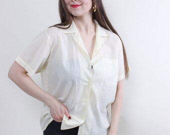 80s minimalist shirt,  vintage woman summer button up, retro style light top, Size M