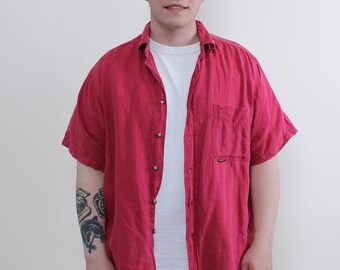 90s Red shirt, vintage summer relaxed button up, cotton short sleeve top, Size XL