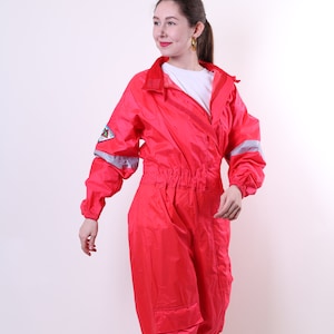 Women racing suit, waterproof jumpsuit from 90s 80s for her, red color windbreaker suit medium, Size M