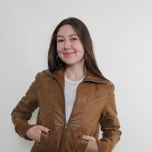 Leather cropped jacket, vintage biker jacket, brown crop jacket, Size M