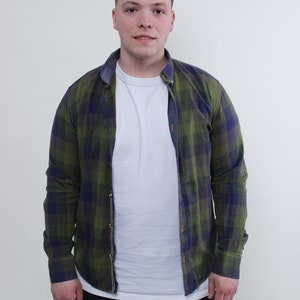 90s plaid green shirt, vintage check print button up, work wear style button down, Size S