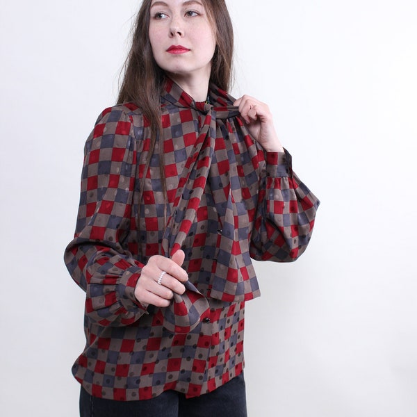 Bow tie blouse, secretary blouse LARGE size geometric print formal office blouse, Size L