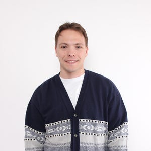 90s abstract embroidery sweater, vintage cotton knit cardigan in blue, Size L
