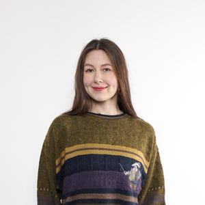 80er Jahre Pullover aus Wolle, Vintage Cartoon Musketier Pullover in grün, Gr. L