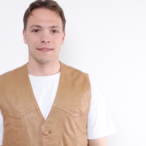 Gilet sans manches en cuir marron des années 80, veste de motard western vintage sans manches, taille L