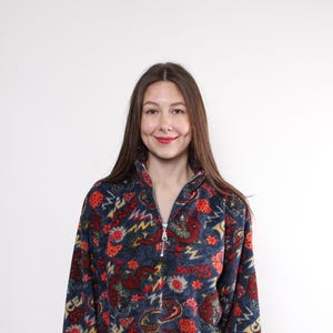 90s fleece sweatshirt, vintage abstract print oversized fleece jumper in multicolor, Size L