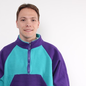 90s fleece sweatshirt, vintage multicolor oversized fleece jumper in purple, Size L