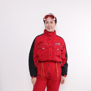 90s one piece ski suit in red, vintage women snowsuit with hood, Size M