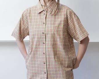 90s Tattersall Check Plaid Shirt Vintage Cotton Oversized Boxy Button Up Top L