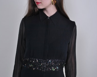90s Vintage Sequin Blouse: Sheer Sleeve Party Top, Size S