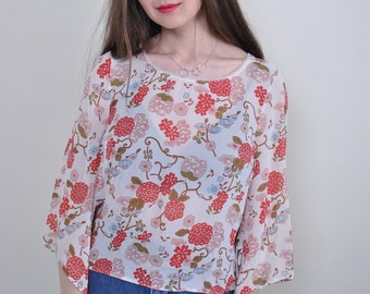 90s Vintage Floral Blouse: Sheer Boho Top, Size S