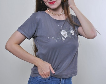 Camiseta corta con estampado floral de los 90, camiseta floral minimalista vintage, talla L