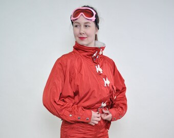 90s one piece ski suit, vintage orange ski jumpsuit, Women full snowsuit, Size M