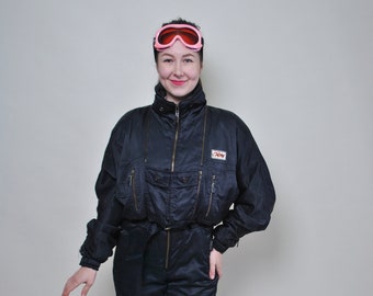 Schwarzer Einteiler-Skianzug aus den 90er Jahren, Vintage-Skioverall für Damen, Retro-Vollschneeanzug, Größe M