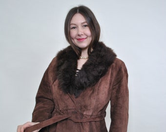 Brown leather overcoat, suede penny lane coat MEDIUM size grunge funky jacket with belt