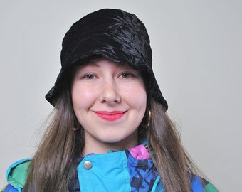 Black bucket hat, women vintage accessories from 90s