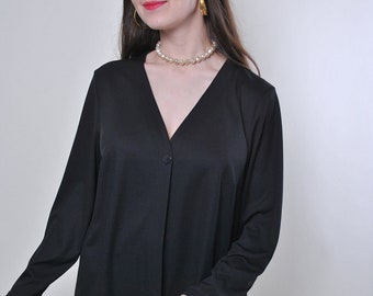 90s black minimalist blouse, evening v-neck shirt LARGE size blank blouse, Size L