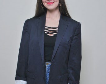 90s formal suit jacket in blue, vintage one button blazer, Size L