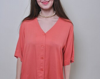 Vintage minimalist orange blouse, woman casual shirt, Size L