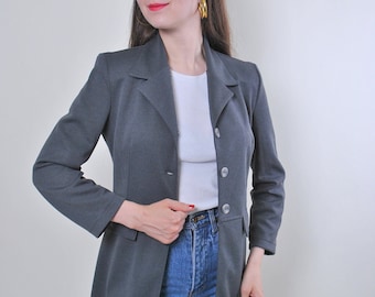 Damen vintage graue minimalistische lange Blazerjacke, Größe S