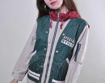 90s spring varsity jacket, vintage hooded sport style athletic travel green jacket, Size M