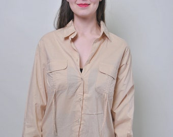 90s minimalist button up, vintage woman military beige top, Size L