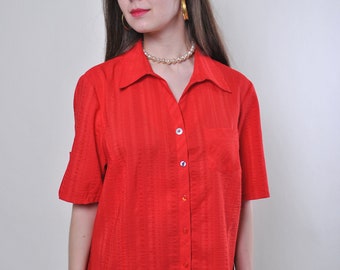 Vintage red short sleeve plus size striped blouse, Size XXL