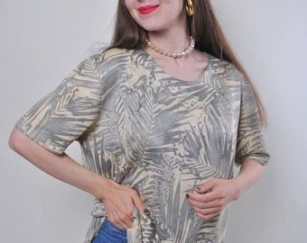 Nature print vintage beige summer blouse, Size L